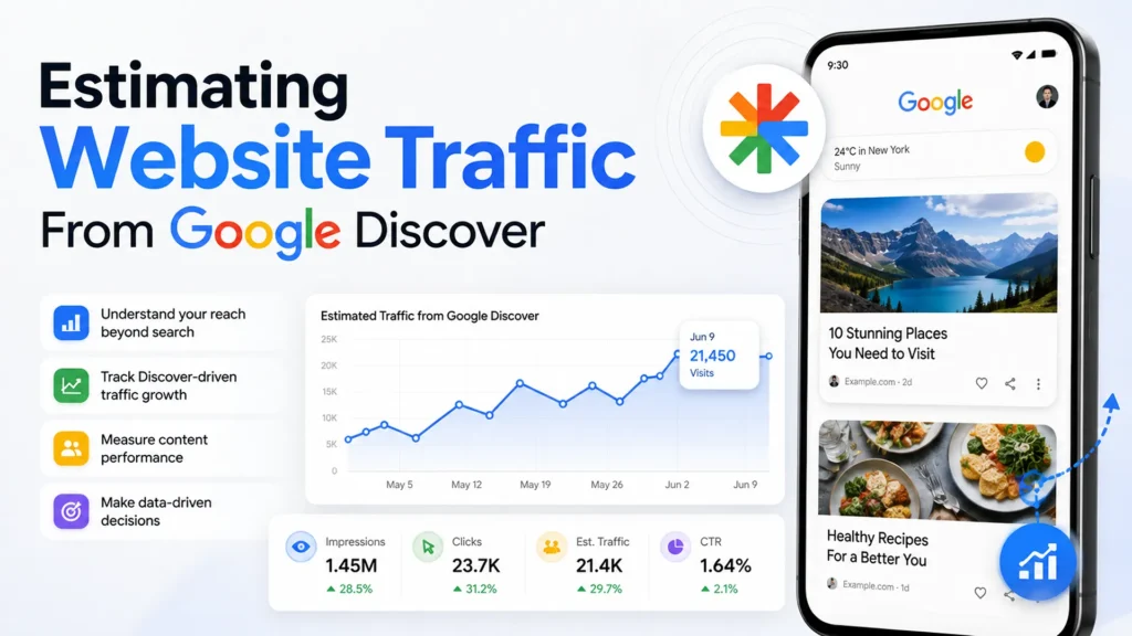 Estimating website traffic from Google Discover using analytics charts, traffic metrics, and a mobile Google Discover feed.