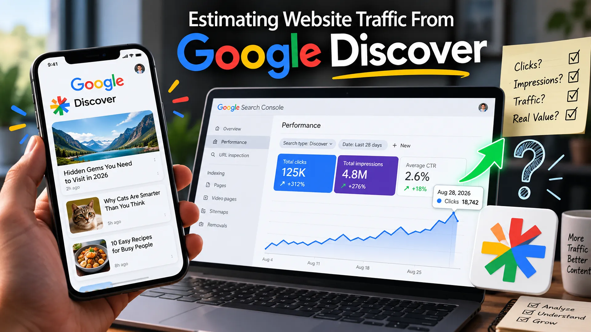 Estimating website traffic from Google Discover using clicks, impressions, CTR, and Google Search Console analytics.