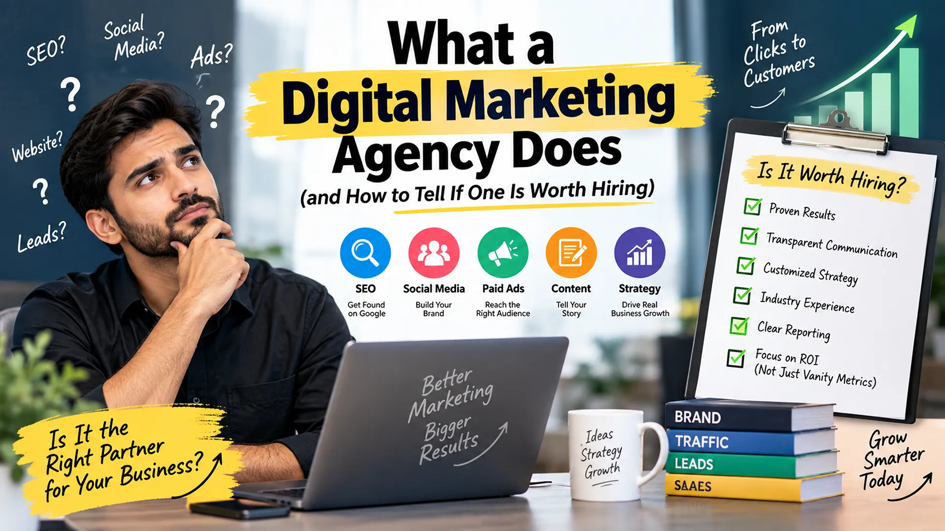 What a Digital Marketing Agency Does and how SEO, social media, paid ads, content, and strategy help businesses grow.